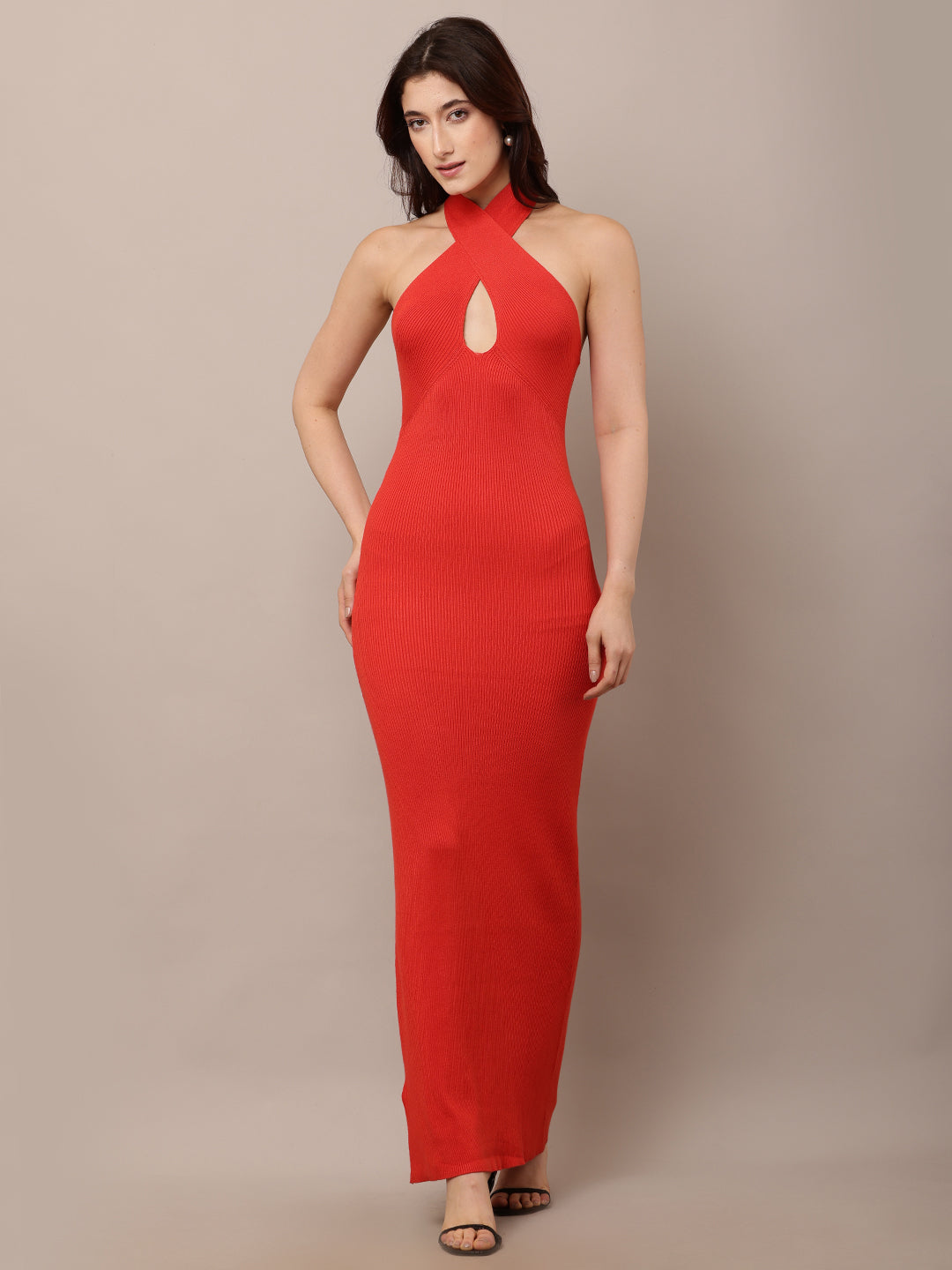 Viscose Sleeveless crossover Halter Neck Maxi Red Bodycon Dress