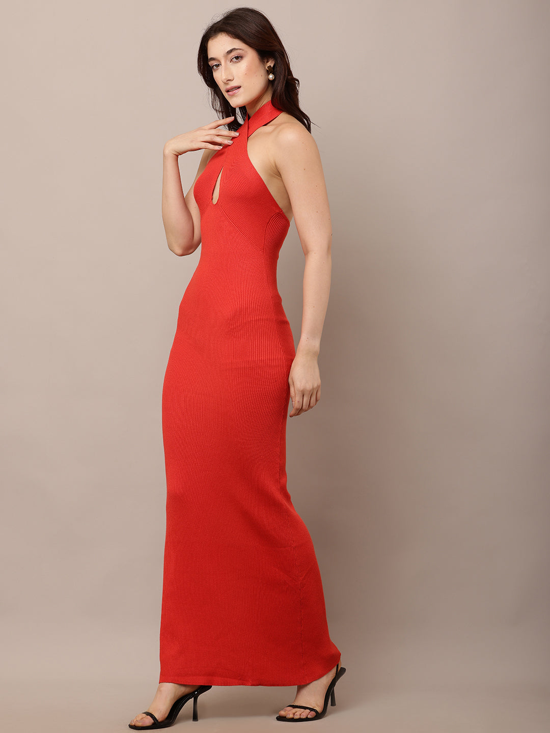 Viscose Sleeveless crossover Halter Neck Maxi Red Bodycon Dress