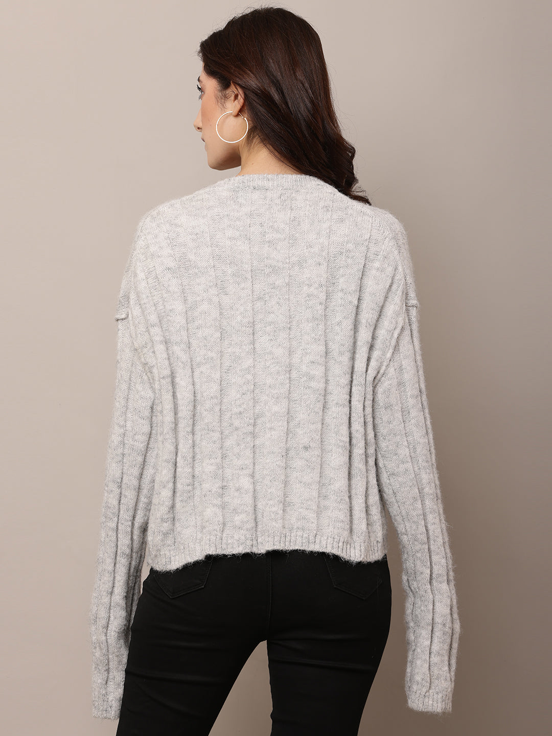 Polyester Full Sleeve with Round Neck Light Grey Baggy style Sweater