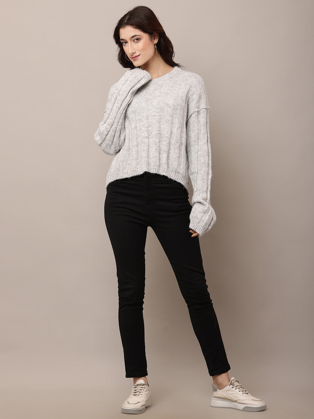 Polyester Full Sleeve with Round Neck Light Grey Baggy style Sweater