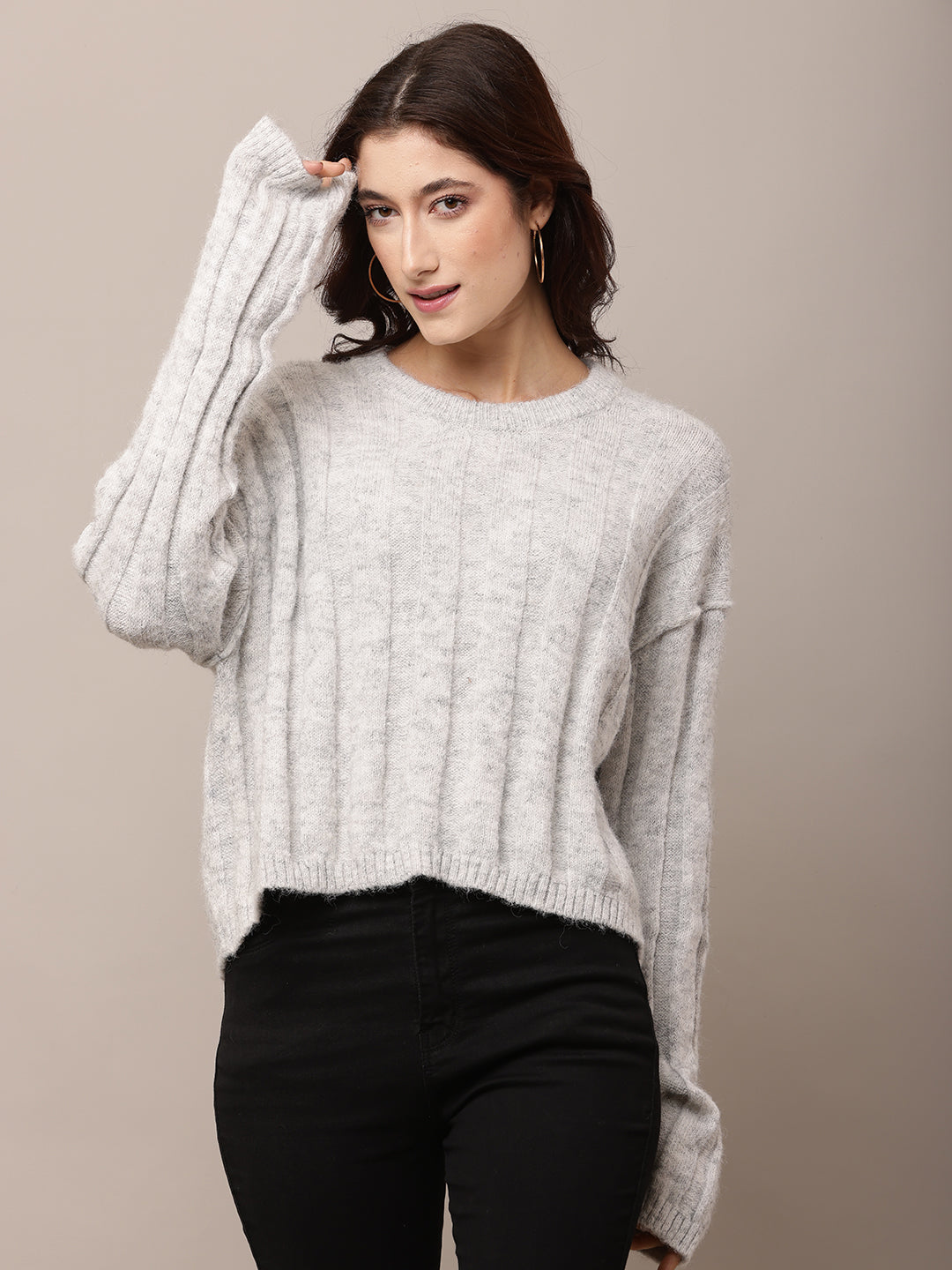 Polyester Full Sleeve with Round Neck Light Grey Baggy style Sweater