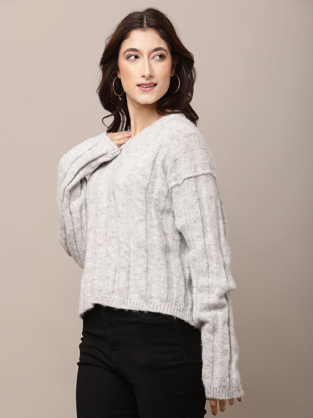 Polyester Full Sleeve with Round Neck Light Grey Baggy style Sweater
