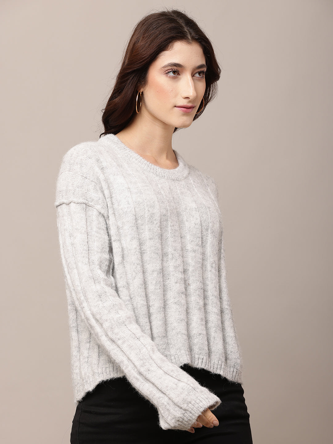Polyester Full Sleeve with Round Neck Light Grey Baggy style Sweater