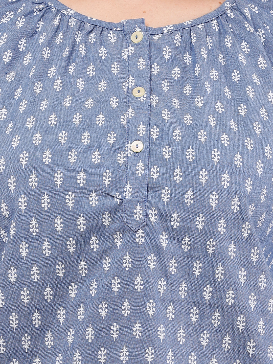 Cotton Round Neck with 3/4th Sleeve Printed Blue Top
