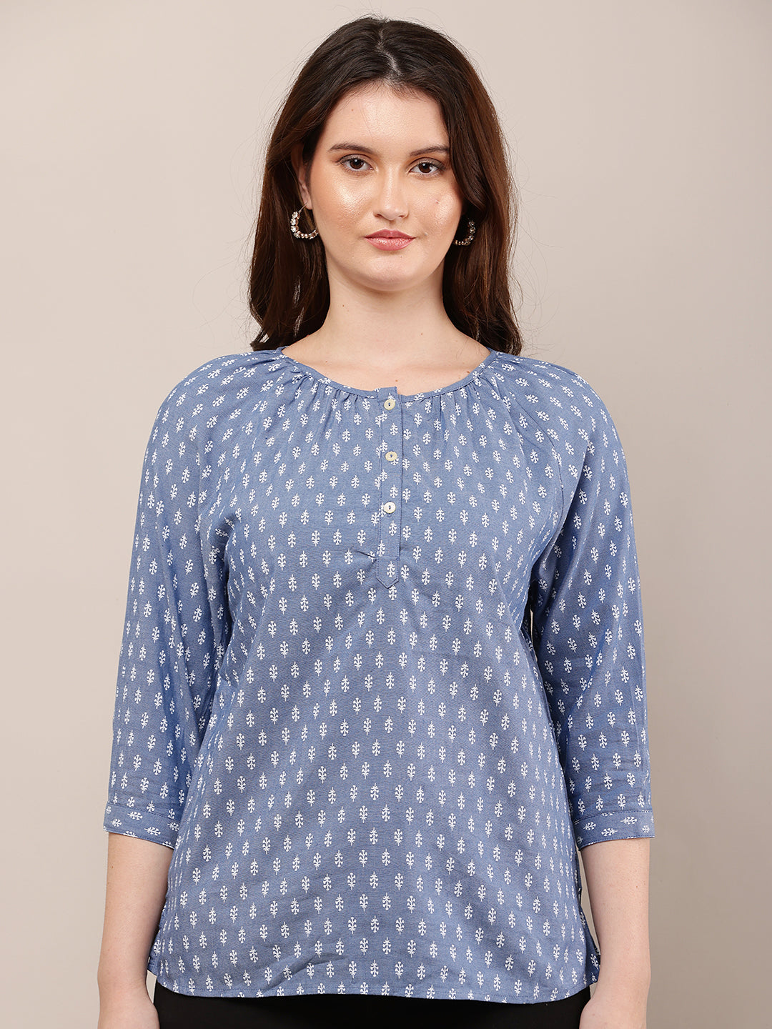 Cotton Round Neck with 3/4th Sleeve Printed Blue Top
