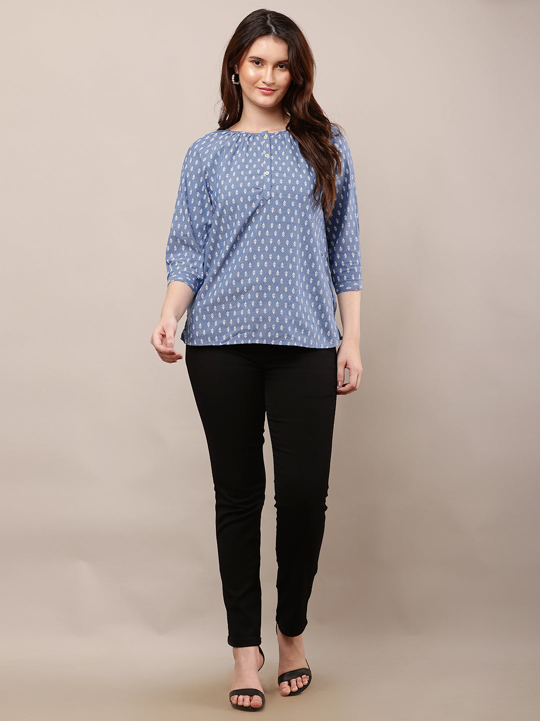 Cotton Round Neck with 3/4th Sleeve Printed Blue Top