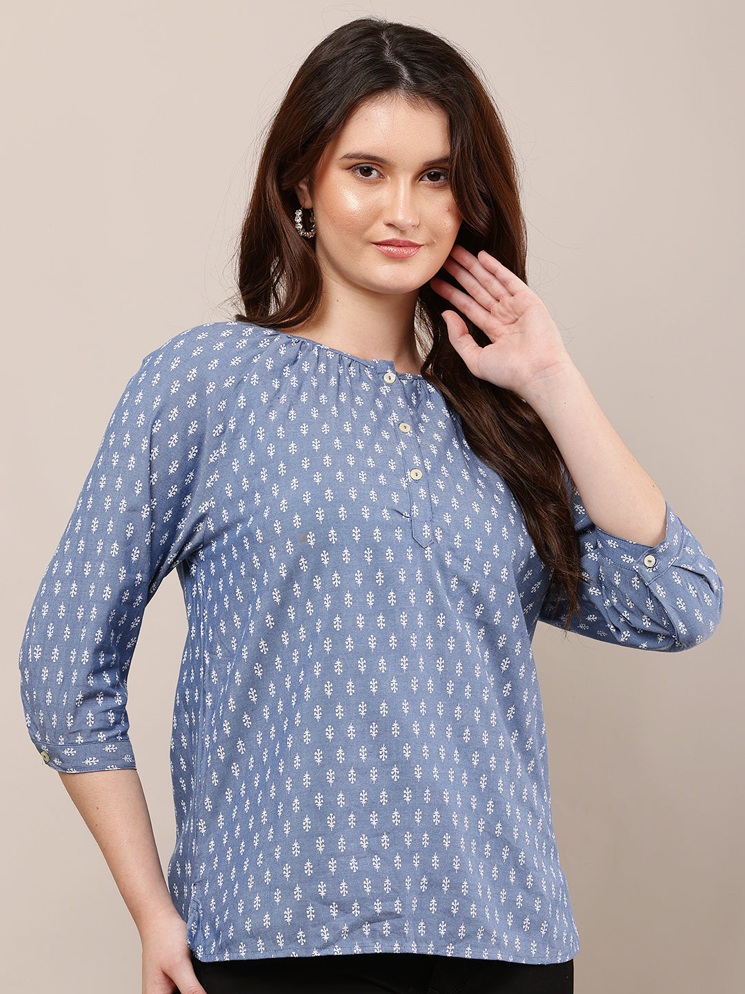Cotton Round Neck with 3/4th Sleeve Printed Blue Top
