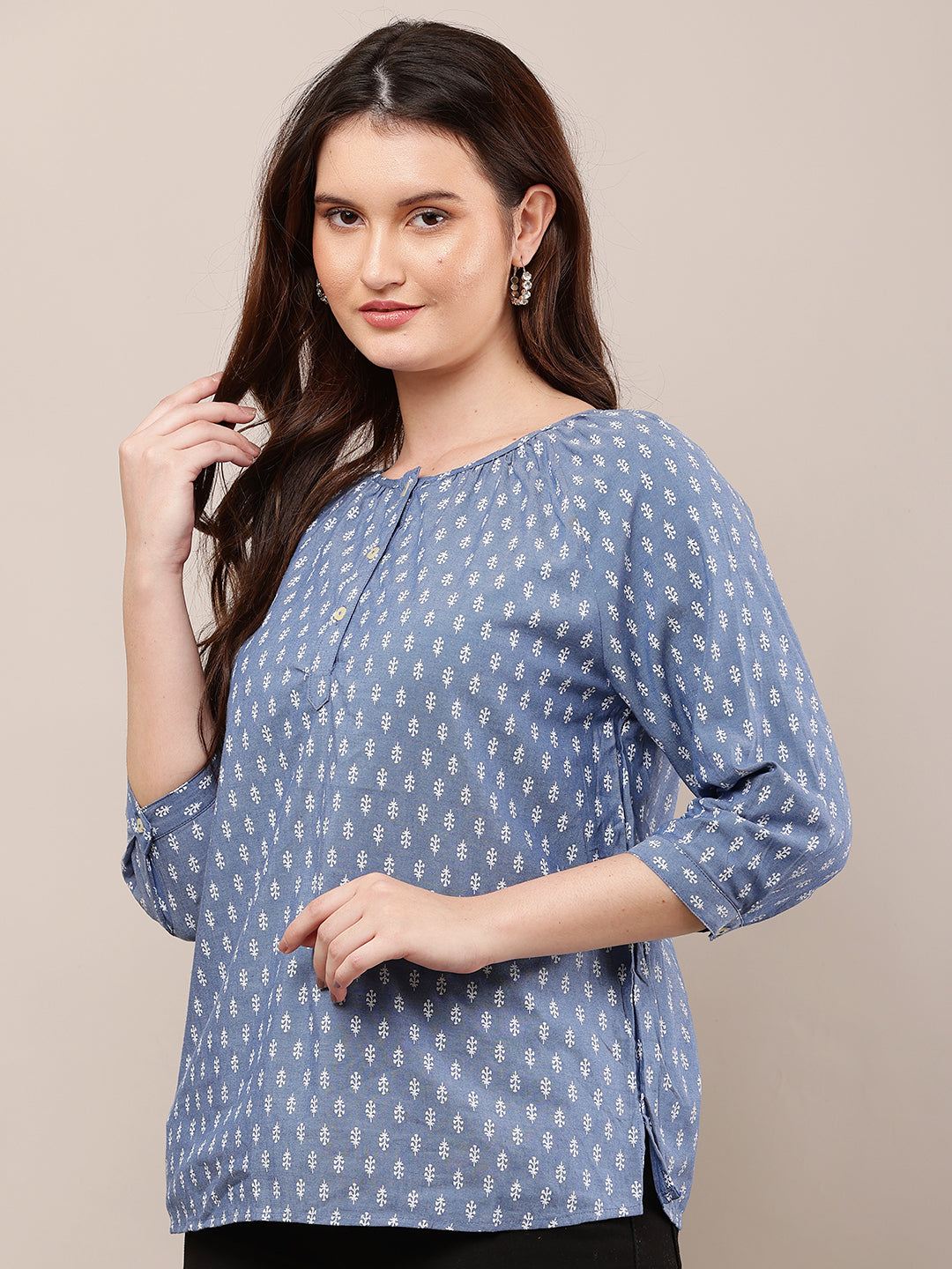 Cotton Round Neck with 3/4th Sleeve Printed Blue Top