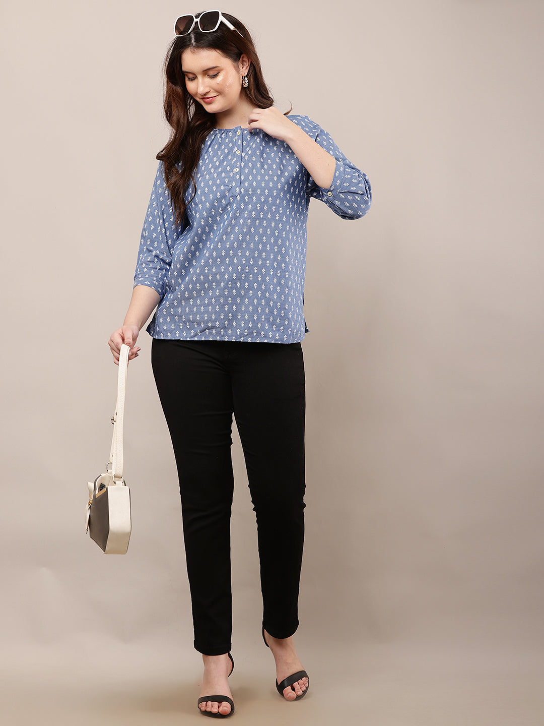 Cotton Round Neck with 3/4th Sleeve Printed Blue Top