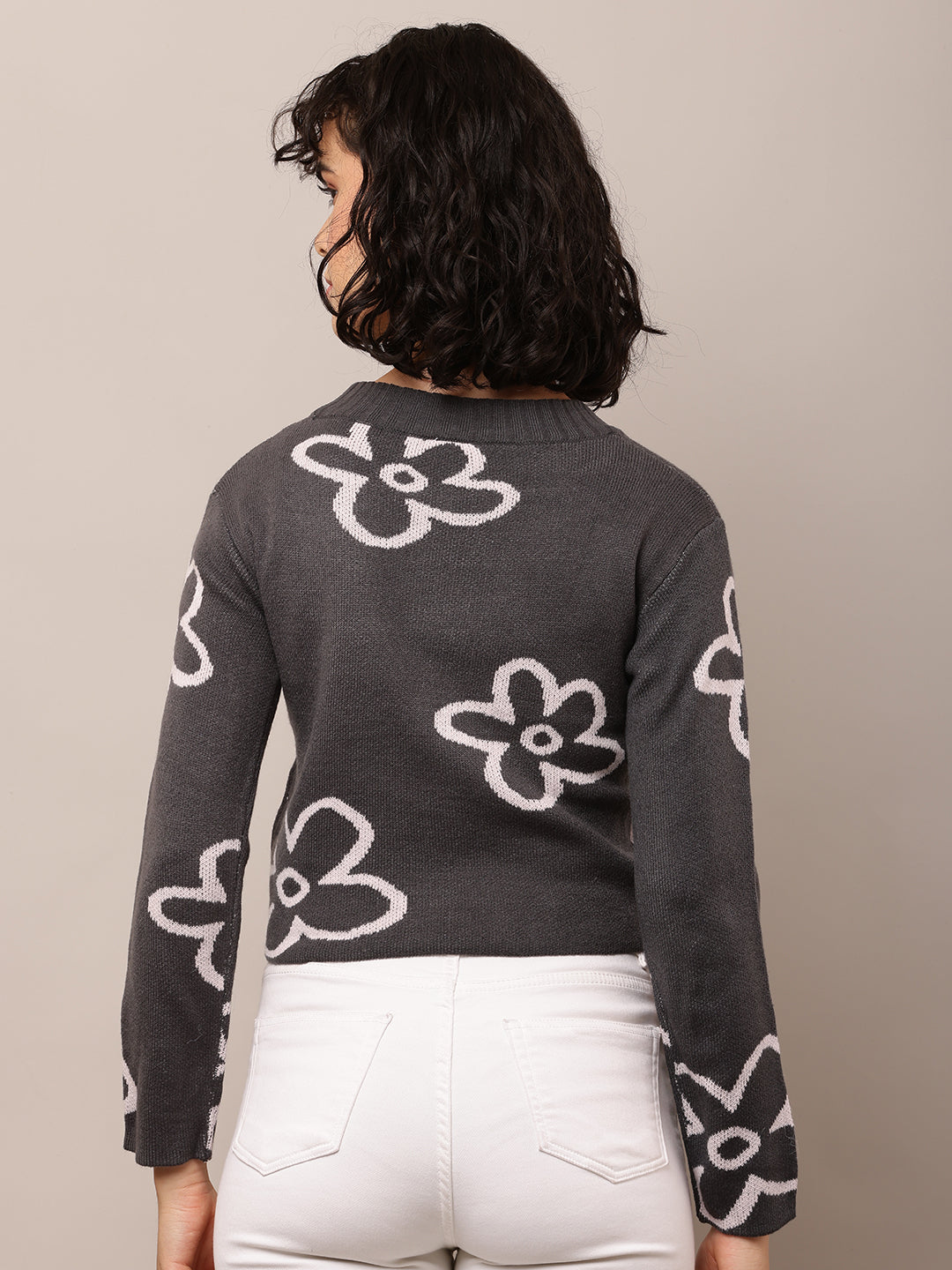 Acrylic Full Sleeve with Round Neck Floral Print Dark Grey Sweater