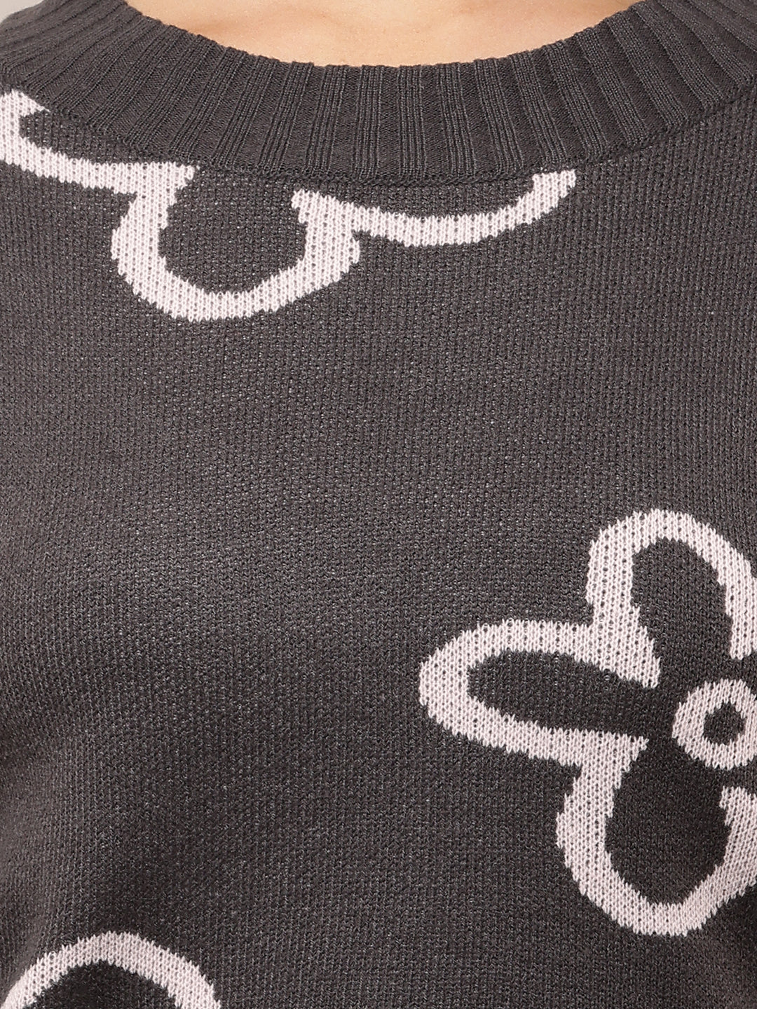 Acrylic Full Sleeve with Round Neck Floral Print Dark Grey Sweater
