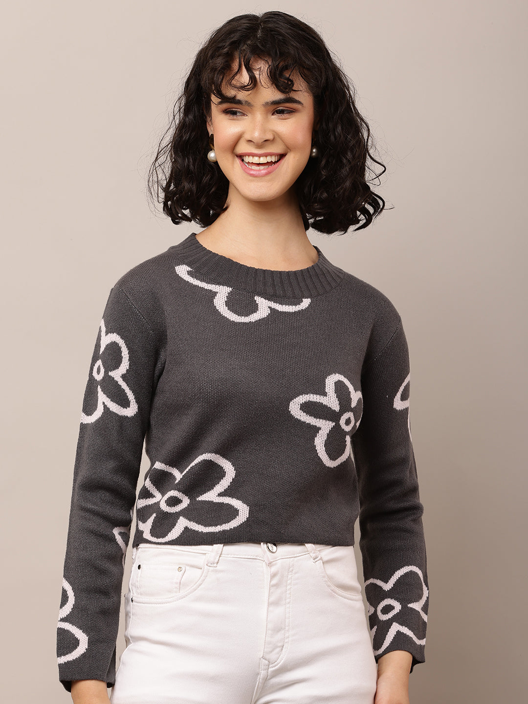 Acrylic Full Sleeve with Round Neck Floral Print Dark Grey Sweater