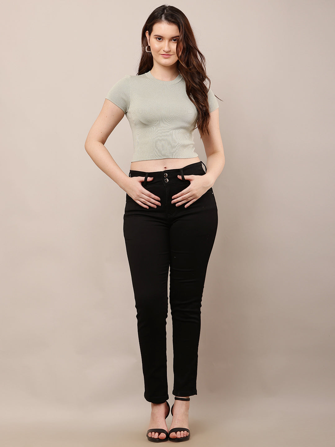 Viscose Round Neck with Half Sleeve Ribbed Crop Sea Green Top