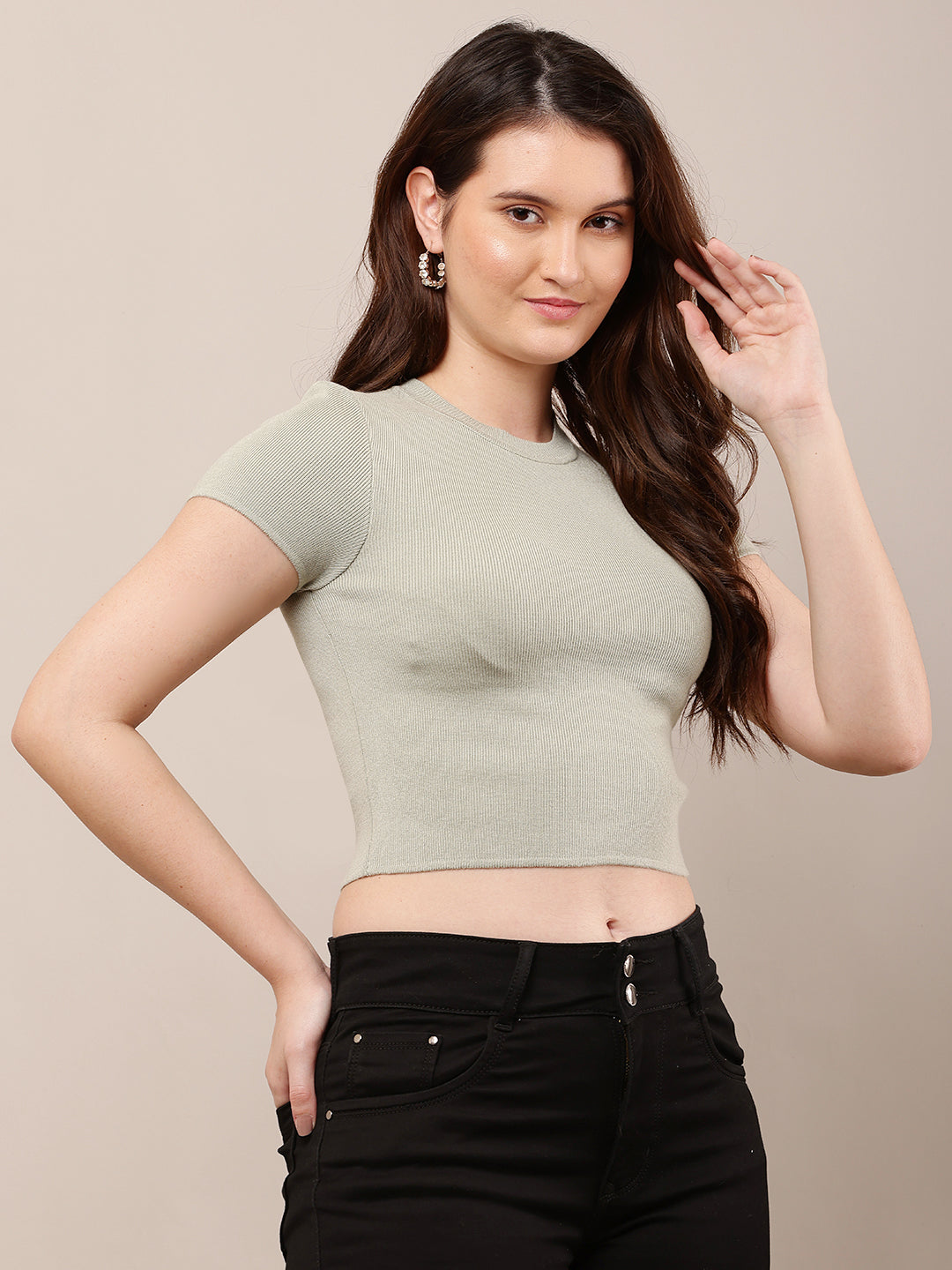 Viscose Round Neck with Half Sleeve Ribbed Crop Sea Green Top