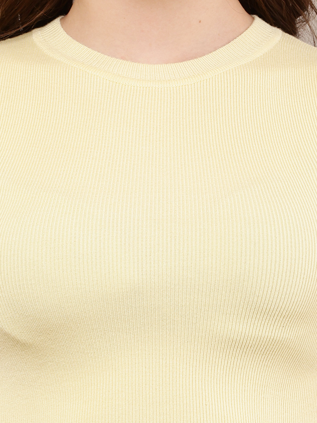 Viscose Round Neck with Half Sleeve Ribbed Crop Yellow Top
