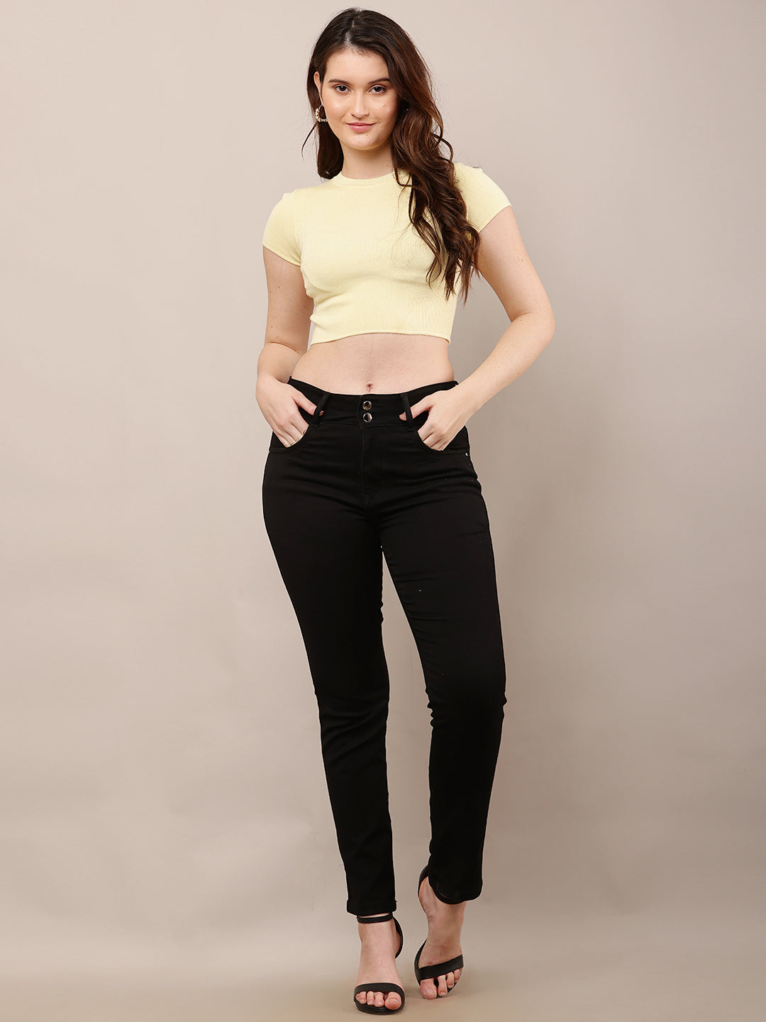 Viscose Round Neck with Half Sleeve Ribbed Crop Yellow Top