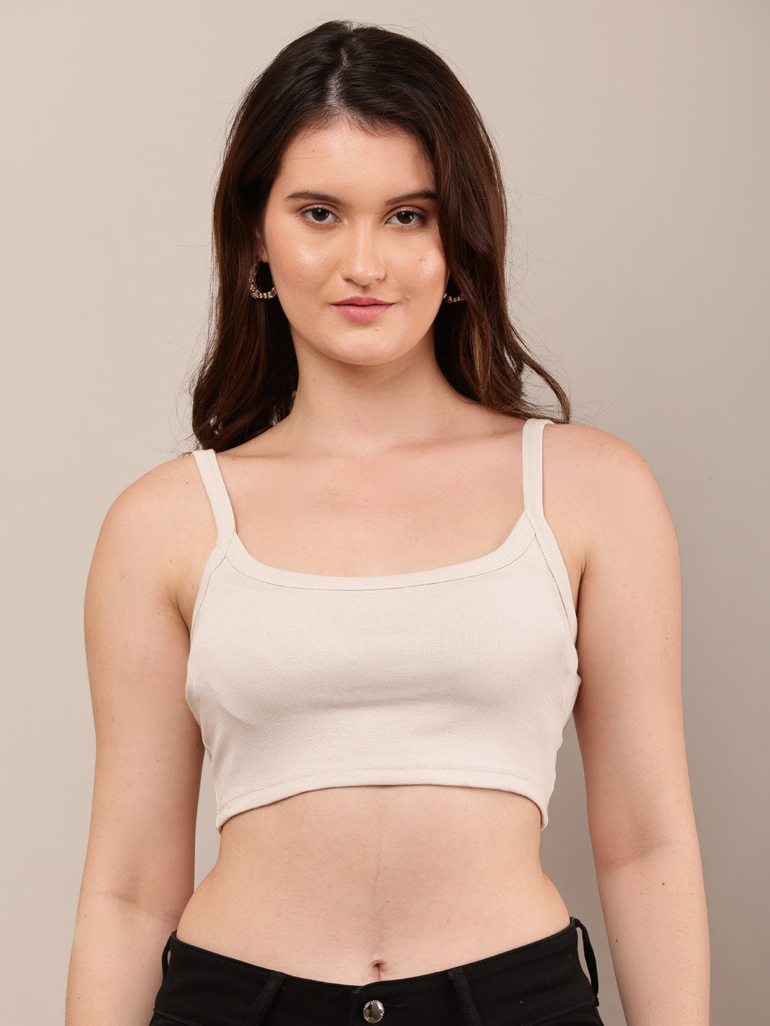 Viscose Square Neck with Sleeveless Beige Crop Top