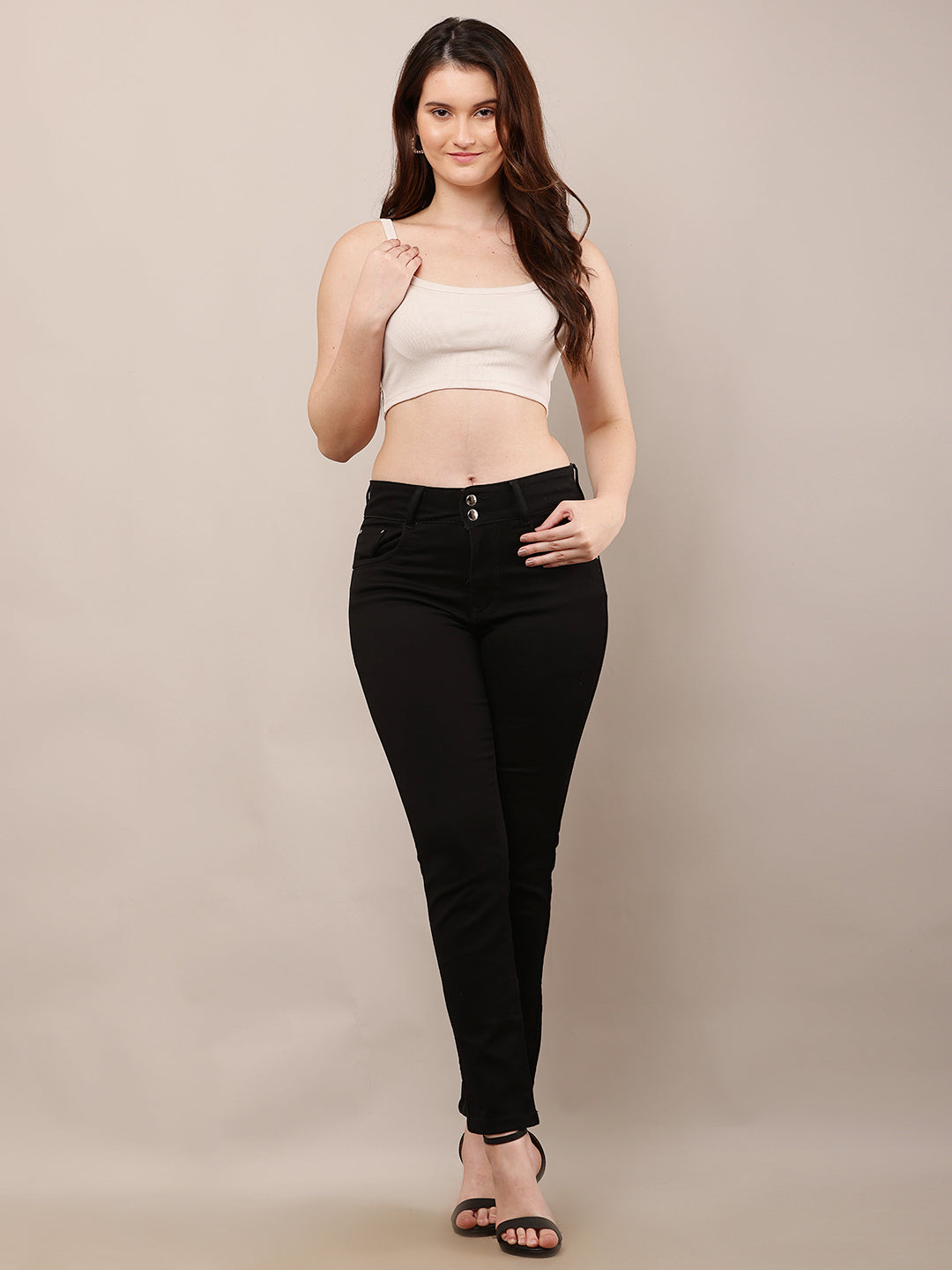 Viscose Square Neck with Sleeveless Beige Crop Top