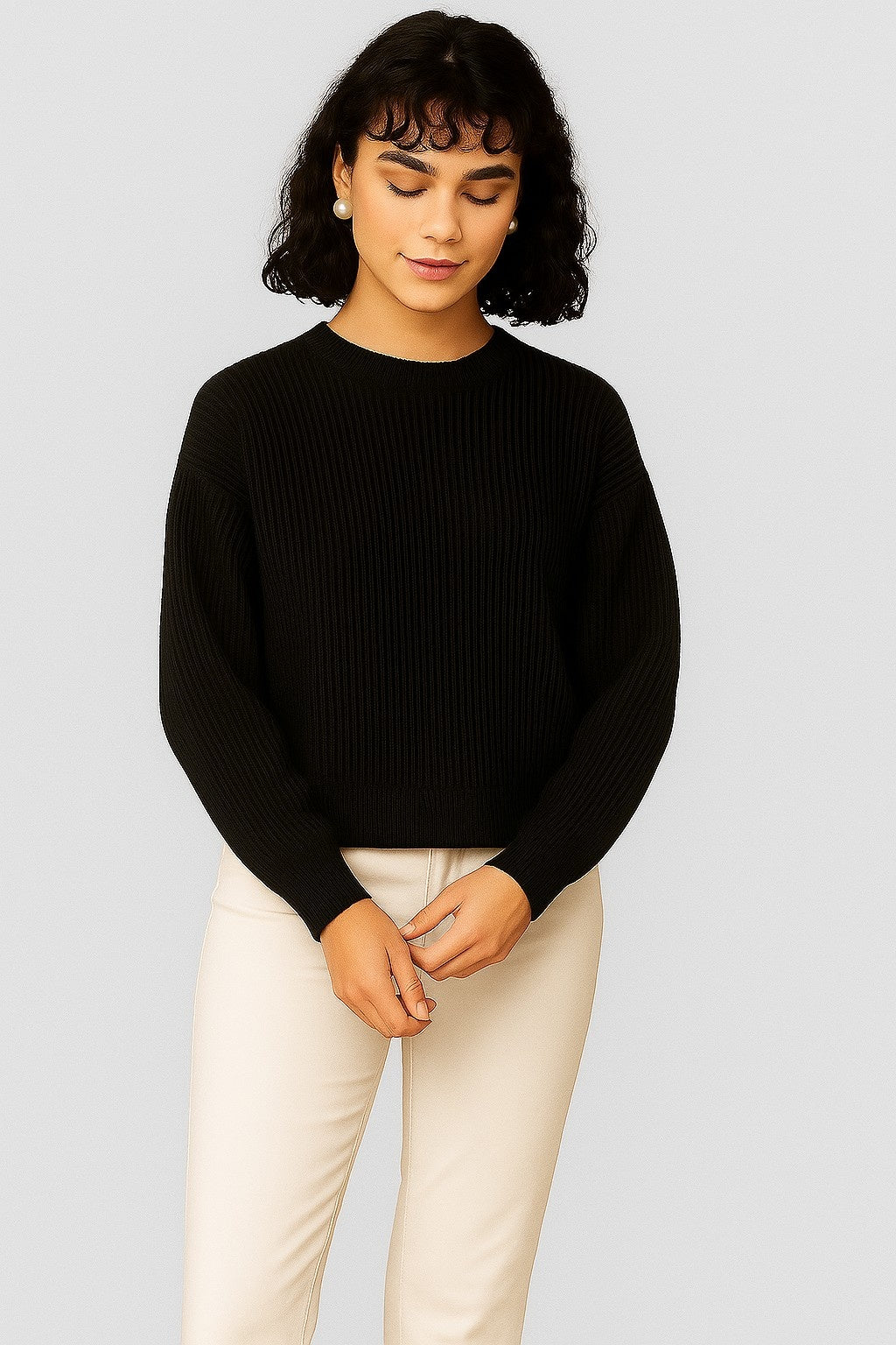 Acrylic Full Sleeve Black Drop-Shoulder Sweater