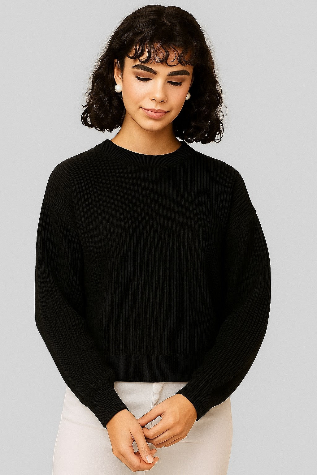 Acrylic Full Sleeve Black Drop-Shoulder Sweater