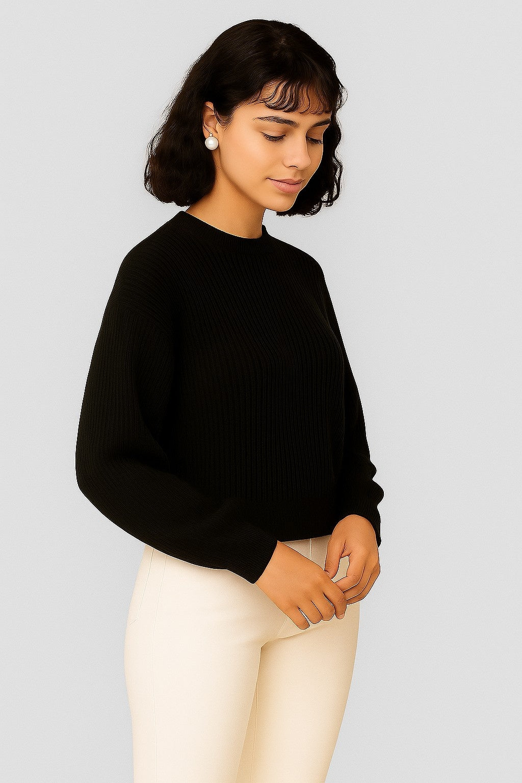 Acrylic Full Sleeve Black Drop-Shoulder Sweater