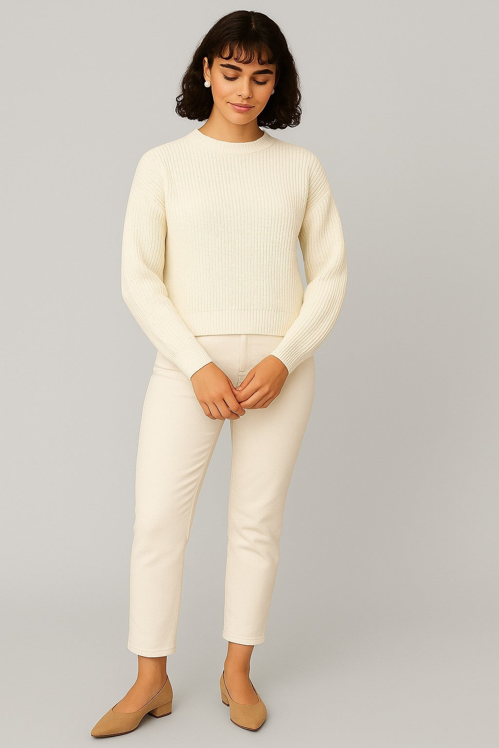 Acrylic Full Sleeve White Drop-Shoulder Sweater