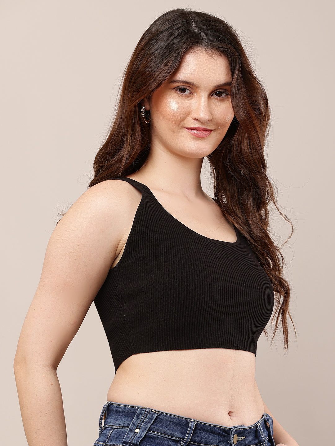 Nylon Round Neck with Sleeveless Black Crop Top