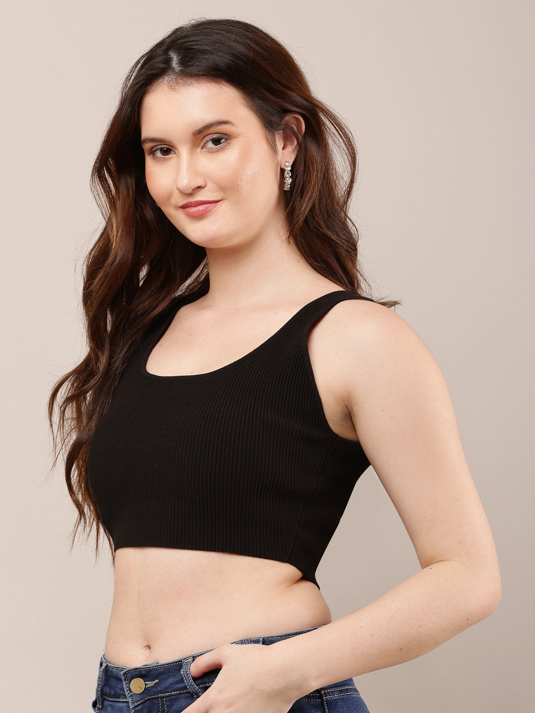 Nylon Round Neck with Sleeveless Black Crop Top