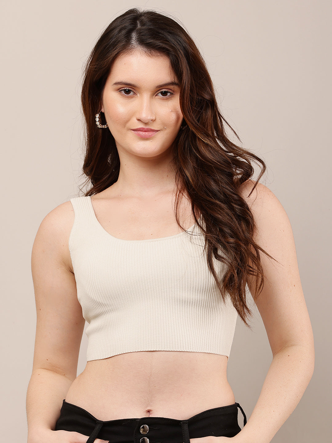 Nylon Round Neck with Sleeveless Light Grey Crop Top