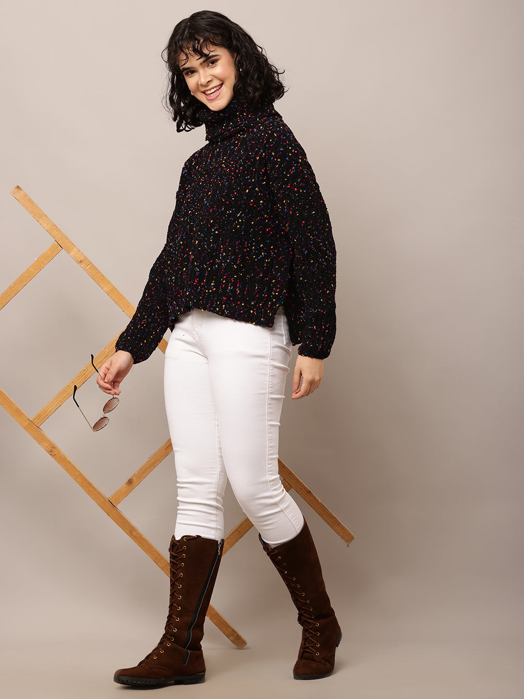 Acrylic Full Sleeve with High-Neck Printed Black Sweater