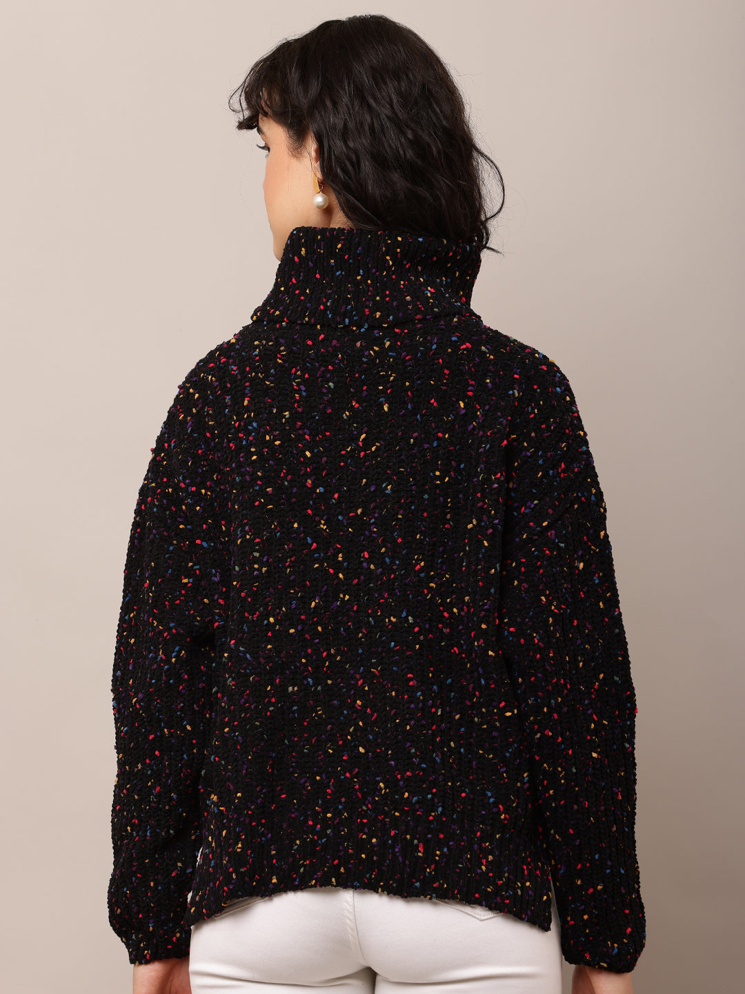 Acrylic Full Sleeve with High-Neck Printed Black Sweater