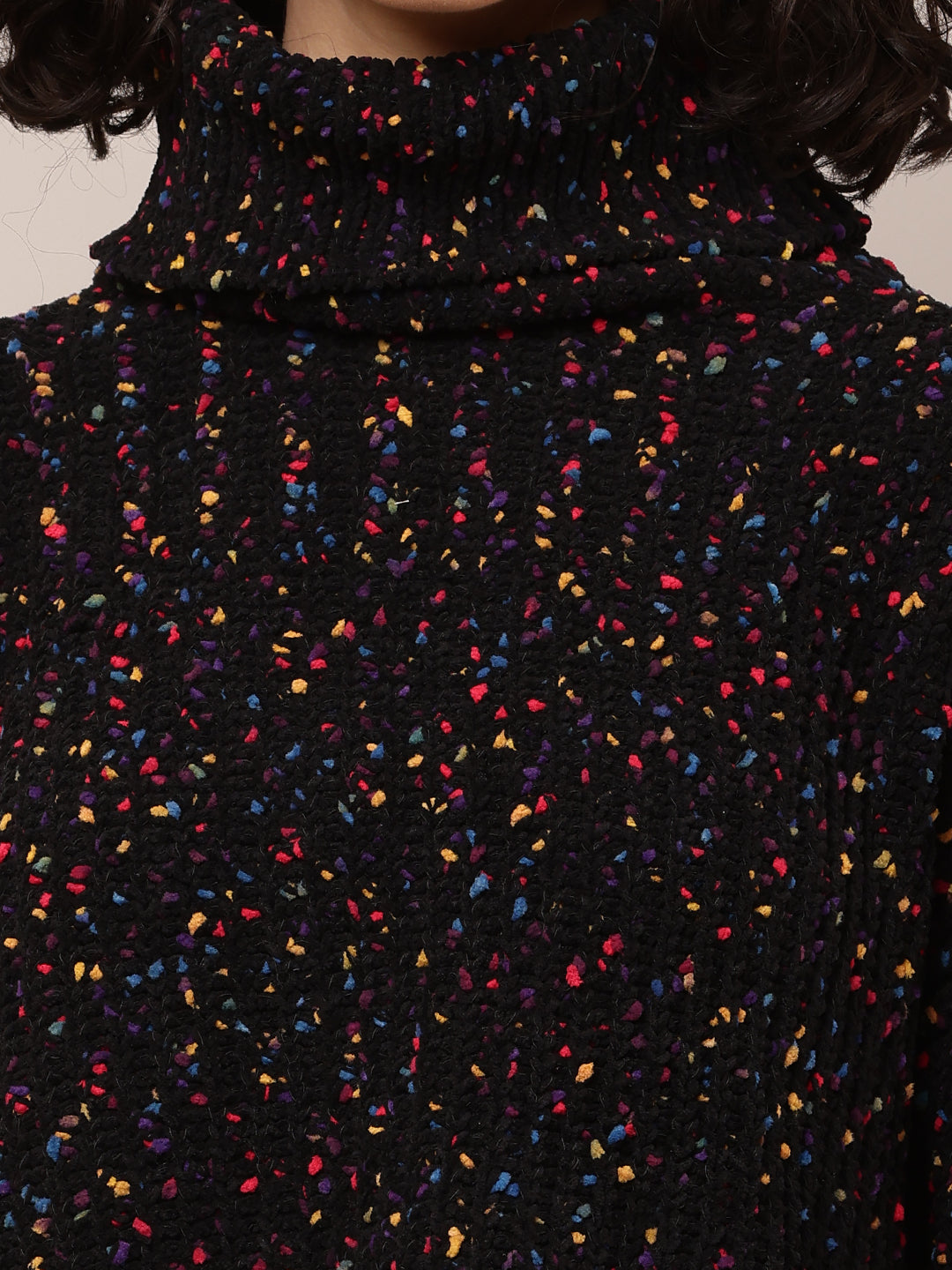 Acrylic Full Sleeve with High-Neck Printed Black Sweater