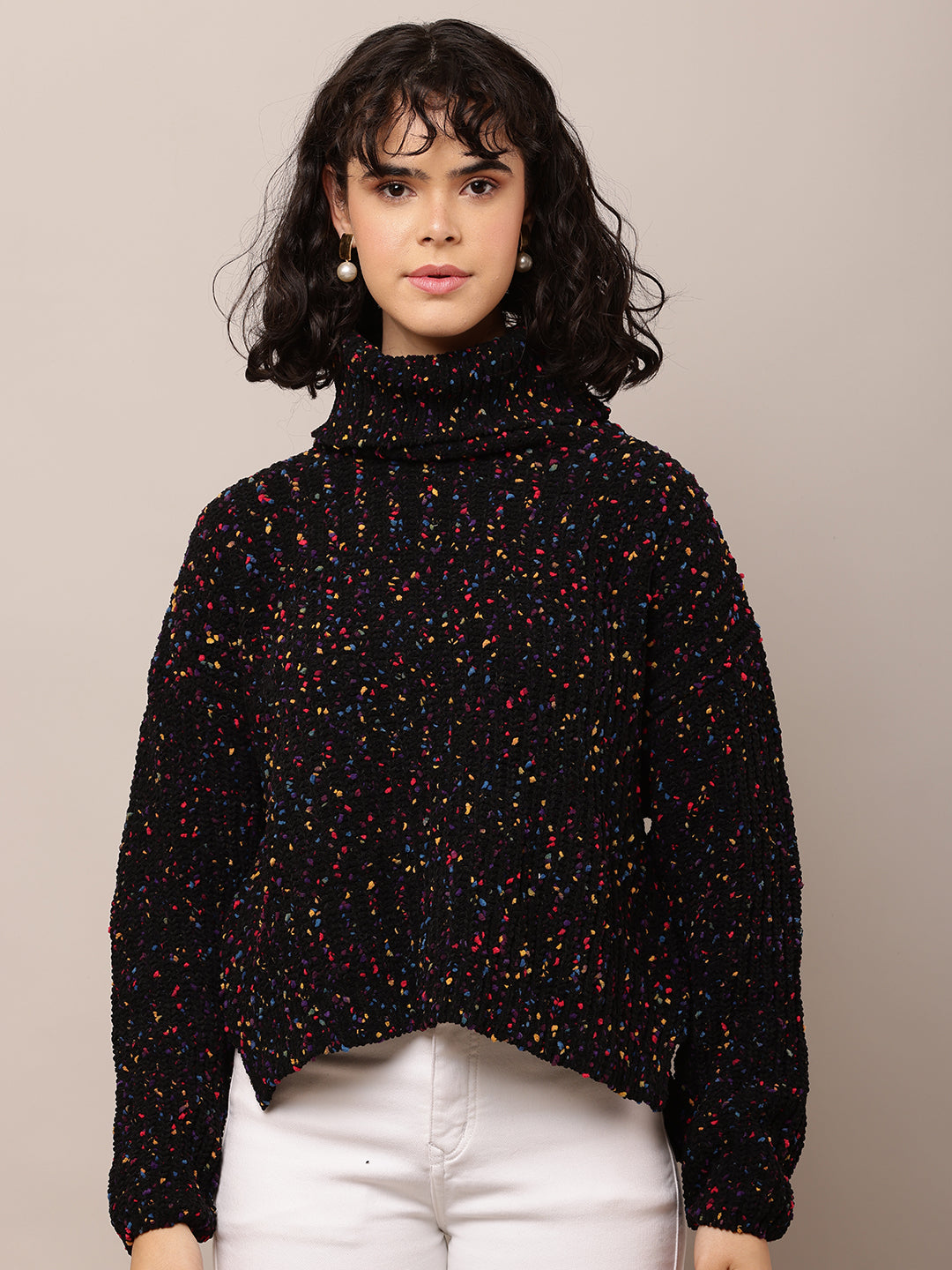 Acrylic Full Sleeve with High-Neck Printed Black Sweater