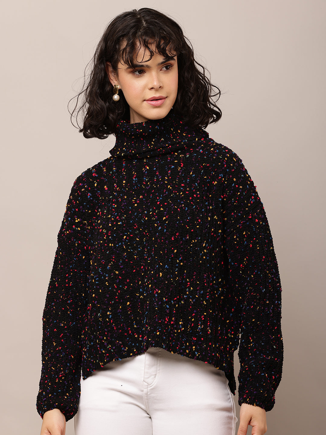 Acrylic Full Sleeve with High-Neck Printed Black Sweater