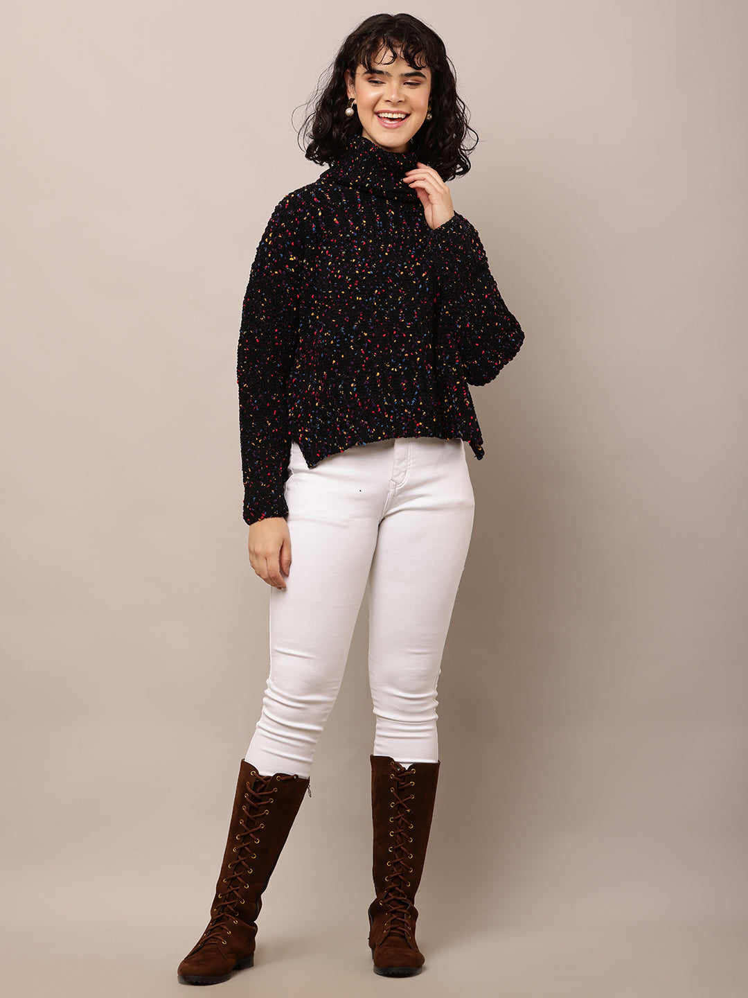 Acrylic Full Sleeve with High-Neck Printed Black Sweater
