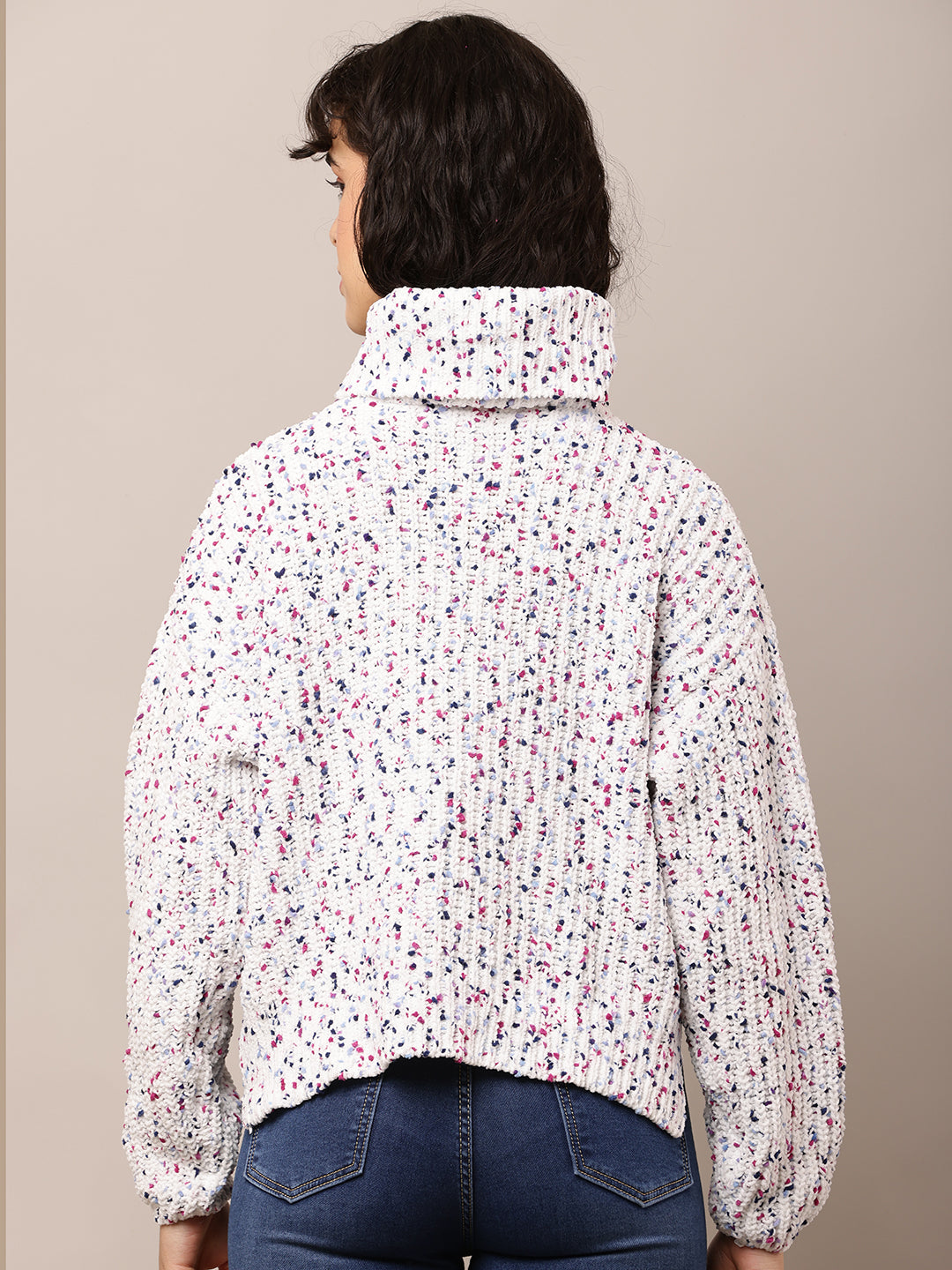 Acrylic Full Sleeve with High-Neck Printed White Sweater