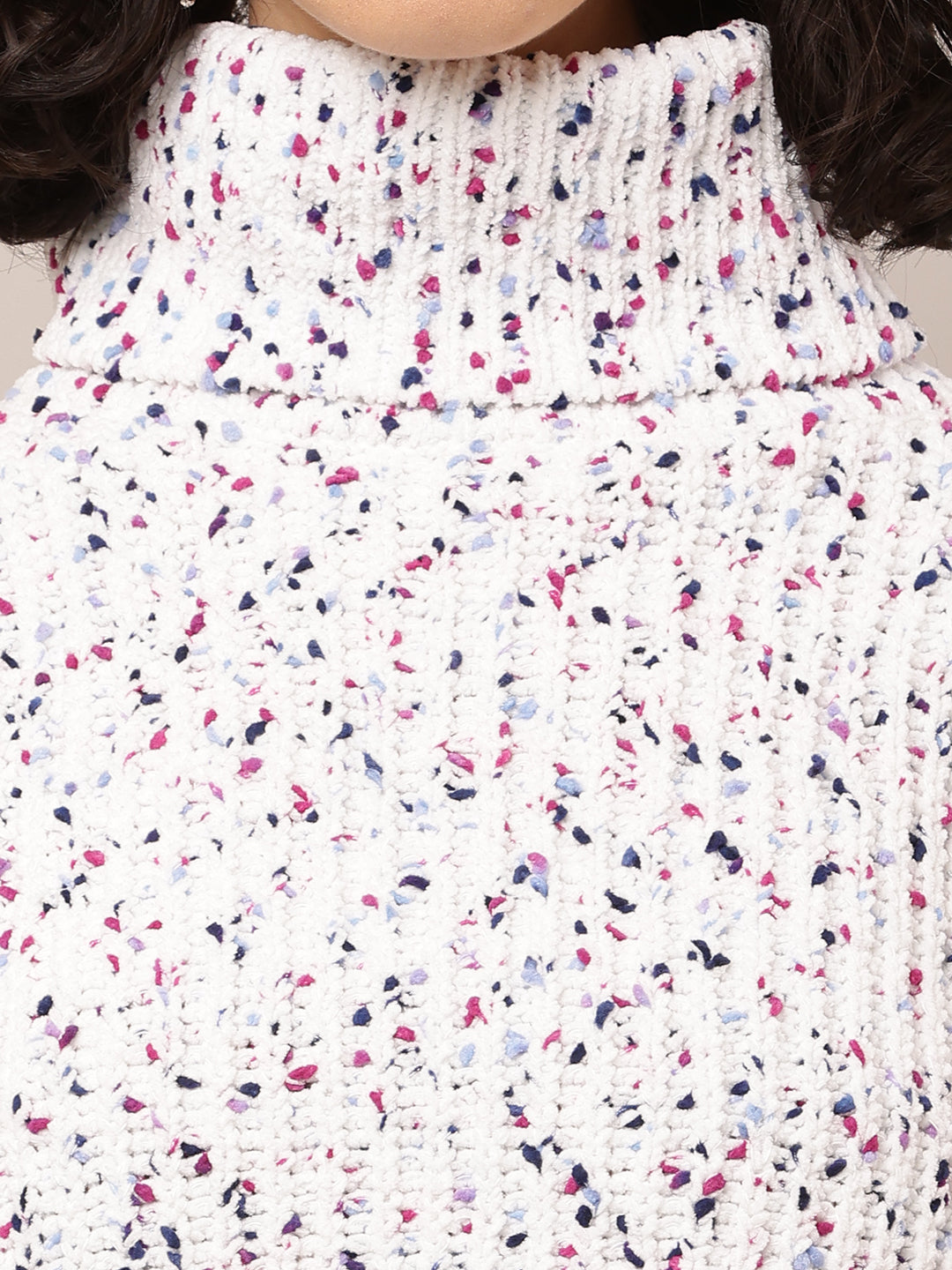 Acrylic Full Sleeve with High-Neck Printed White Sweater