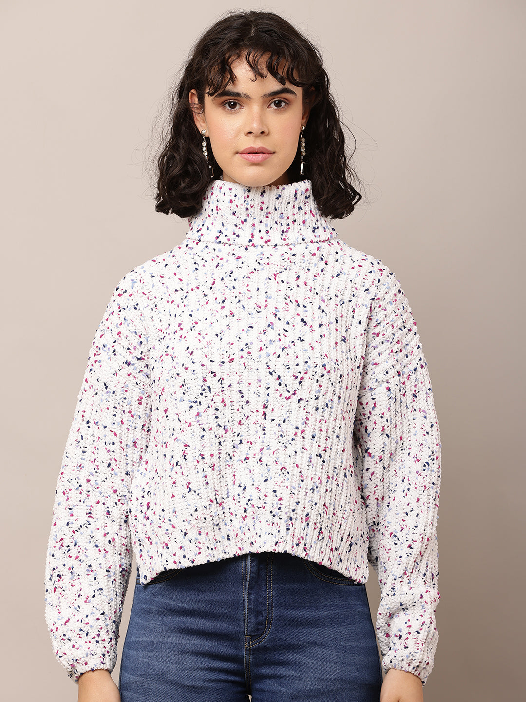 Acrylic Full Sleeve with High-Neck Printed White Sweater