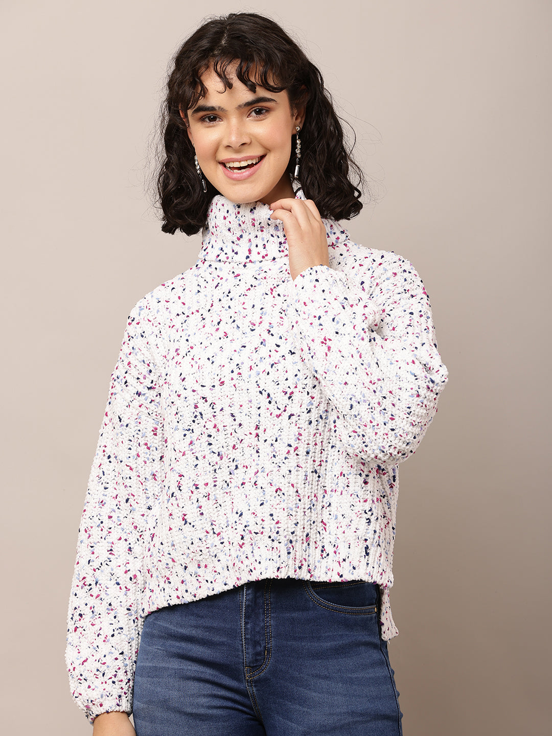 Acrylic Full Sleeve with High-Neck Printed White Sweater