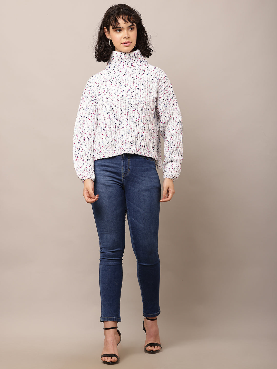 Acrylic Full Sleeve with High-Neck Printed White Sweater