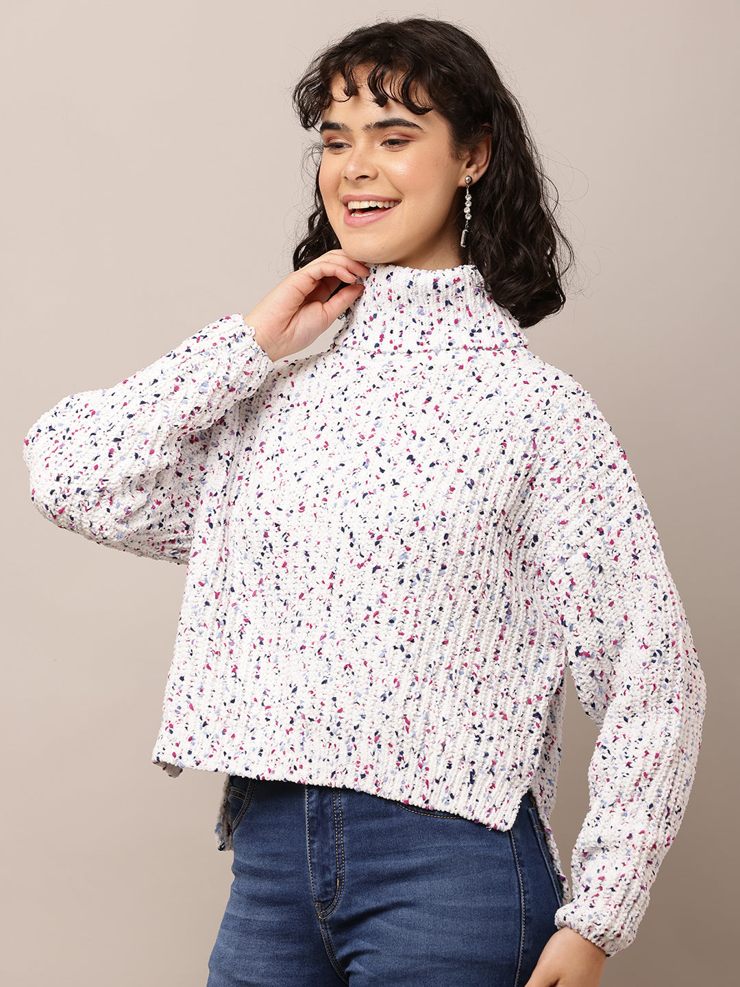 Acrylic Full Sleeve with High-Neck Printed White Sweater