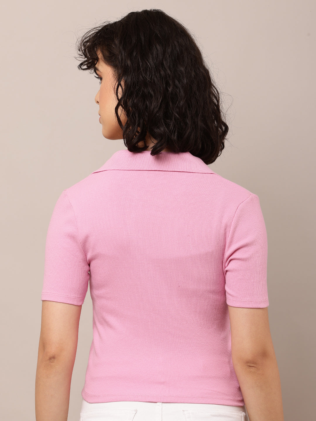 Cotton Short Sleeve with Polo Neck Pink T-Shirt