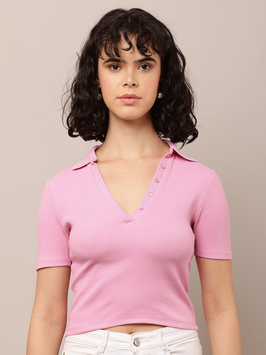 Cotton Short Sleeve with Polo Neck Pink T-Shirt
