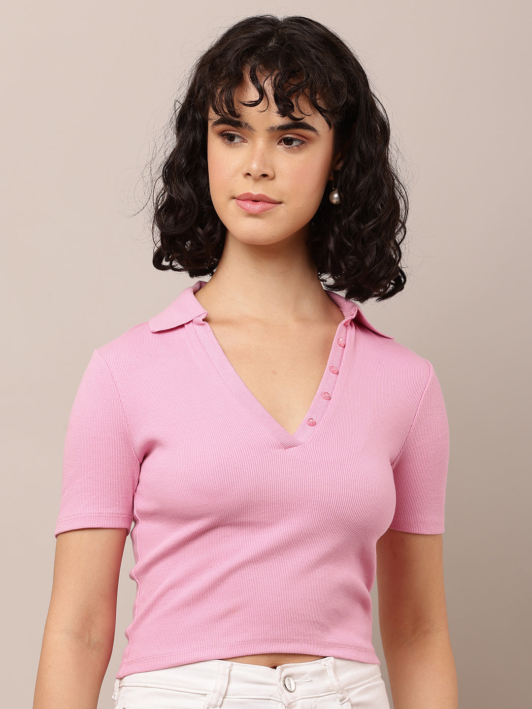 Cotton Short Sleeve with Polo Neck Pink T-Shirt