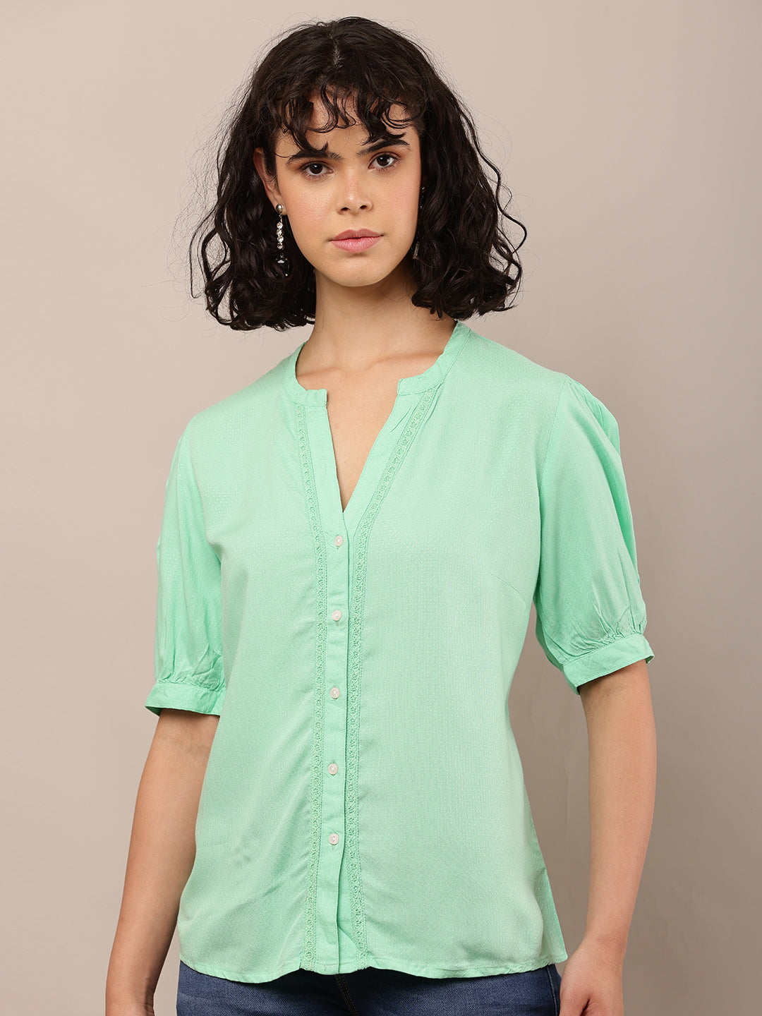 Viscose Short Sleeve with V-Neck Light Green Top