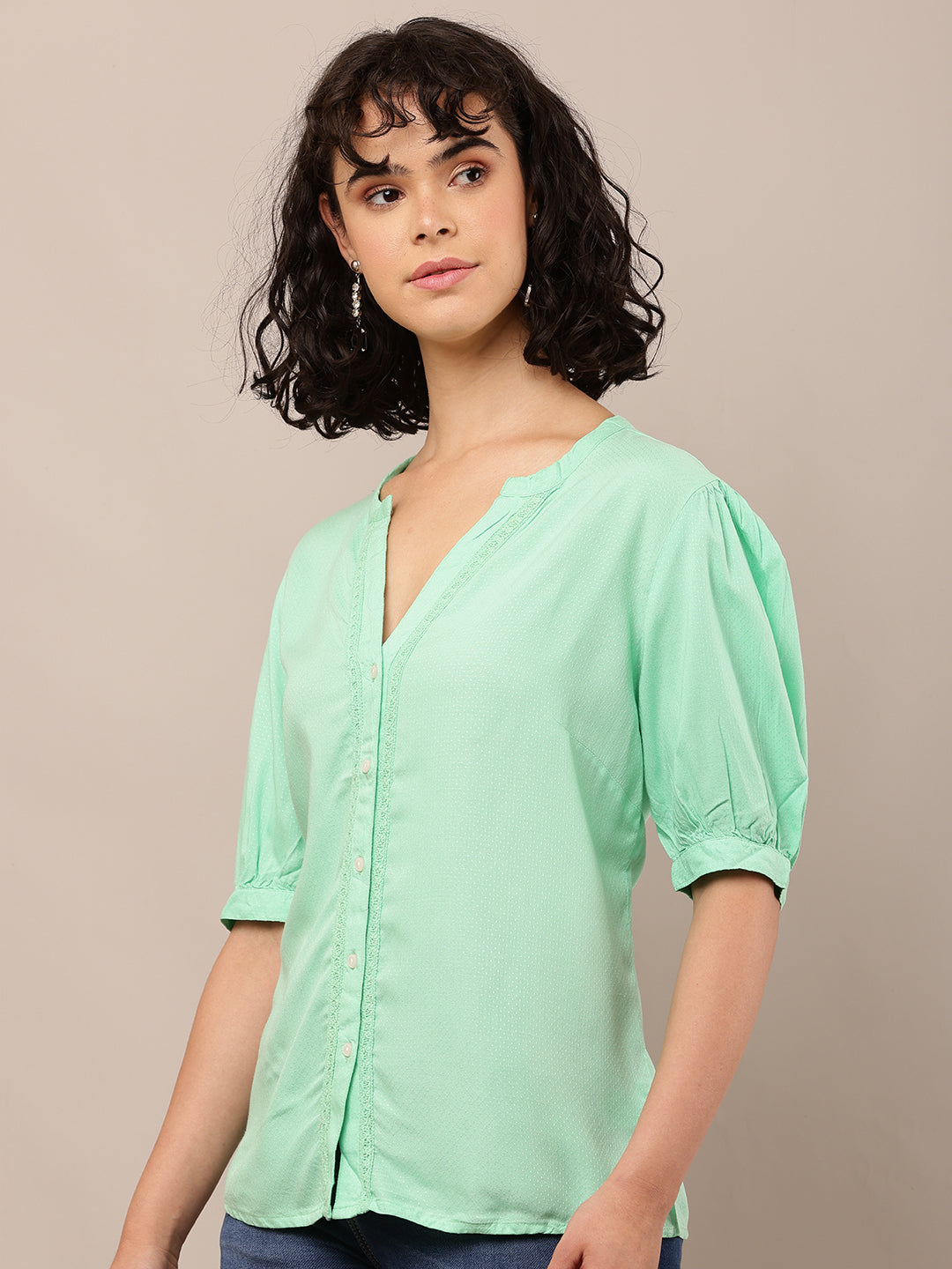 Viscose Short Sleeve with V-Neck Light Green Top
