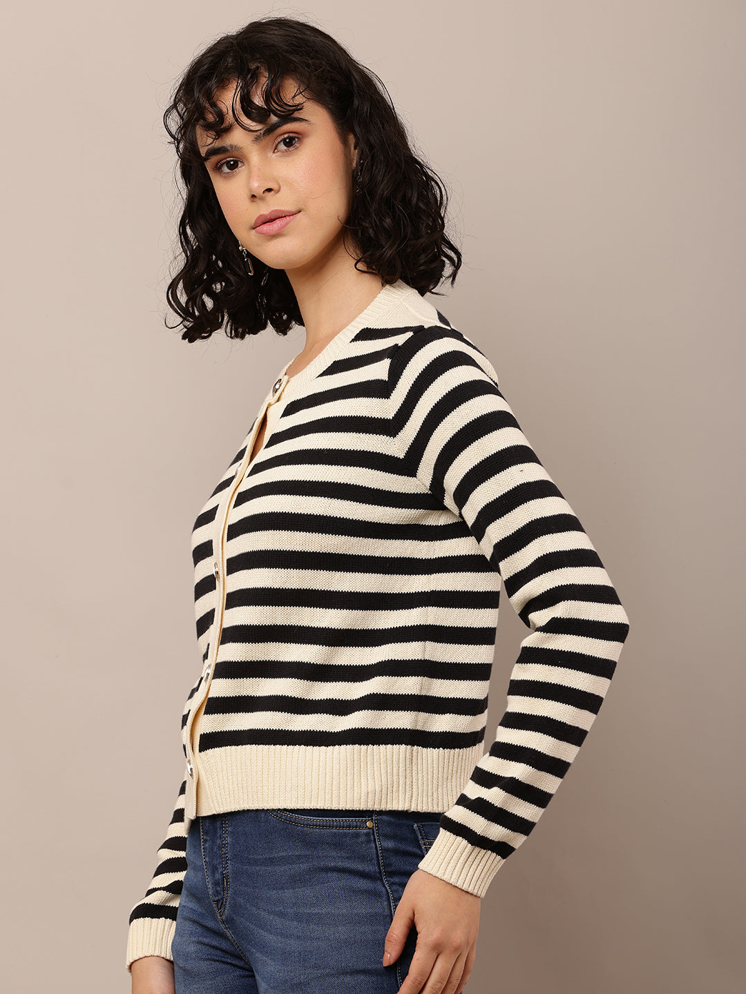 Cotton Full Sleeve with Round Neck Striped Cardigan