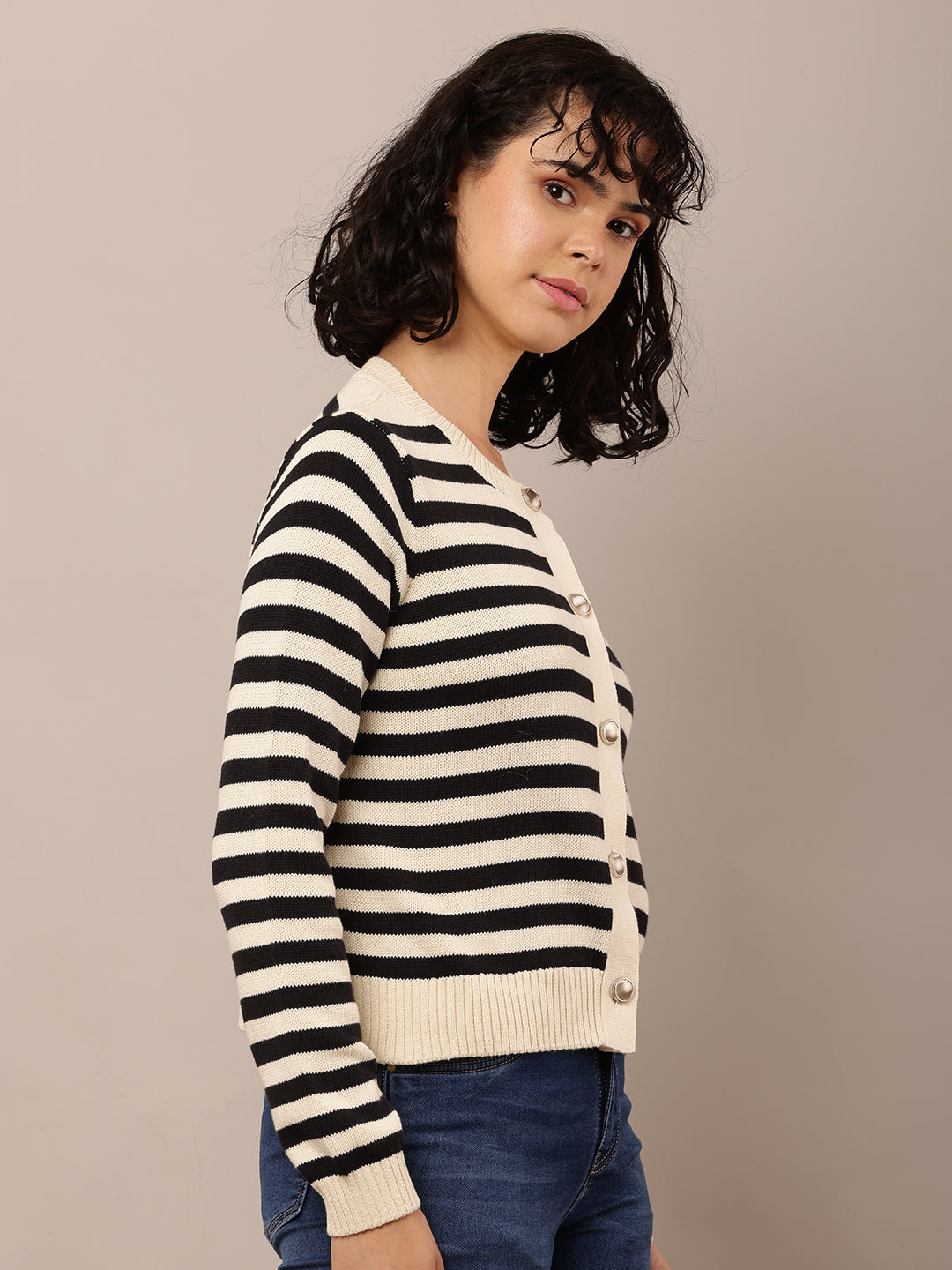 Cotton Full Sleeve with Round Neck Striped Cardigan
