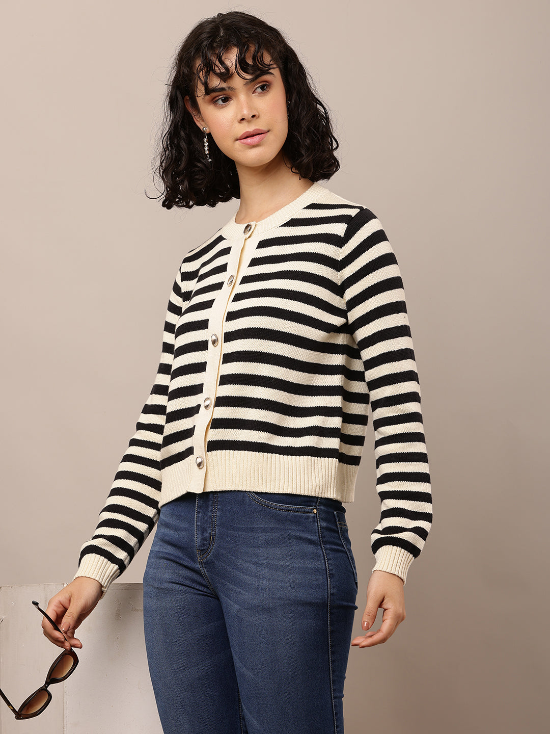 Cotton Full Sleeve with Round Neck Striped Cardigan