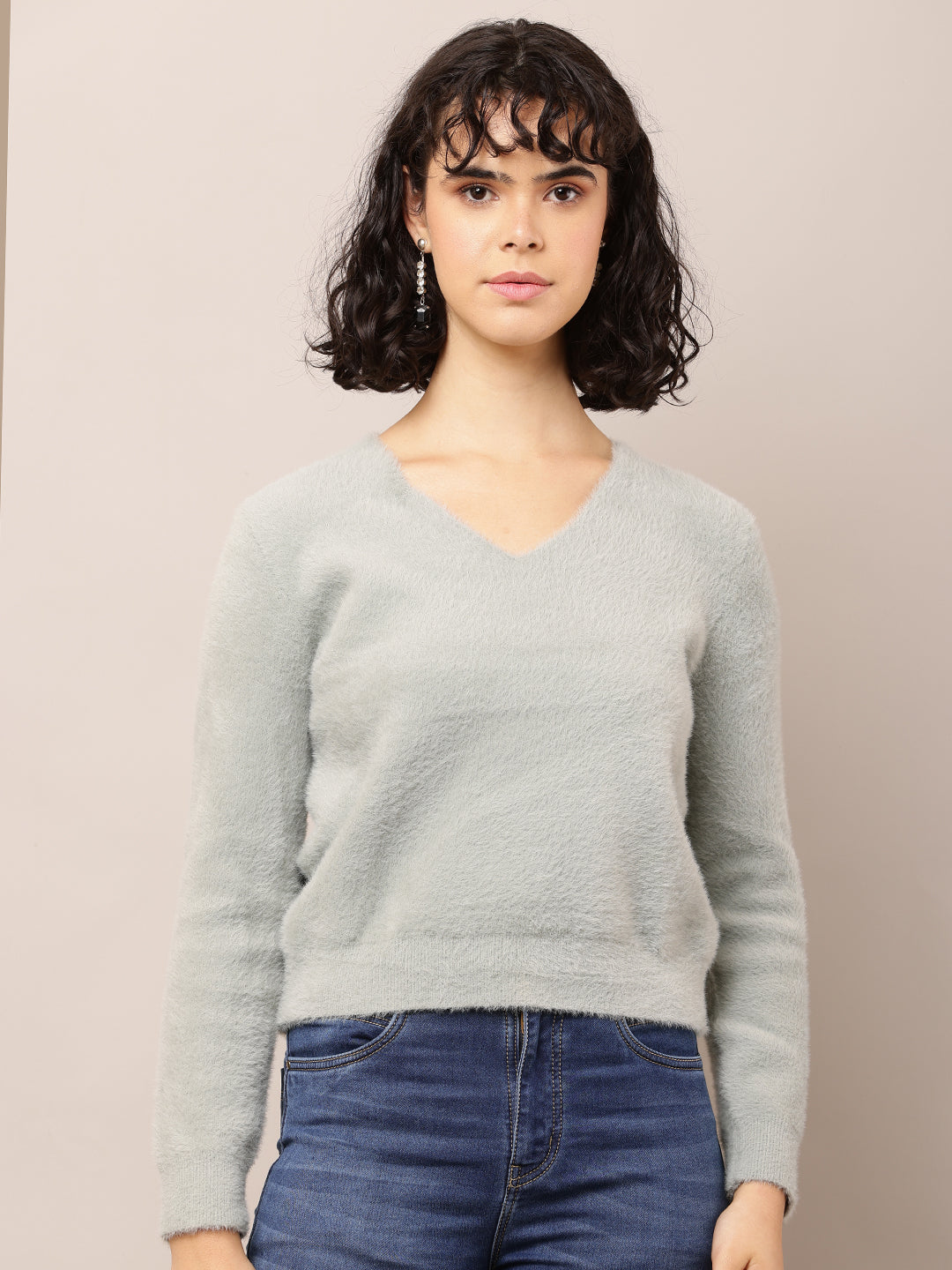 Nylon Full Sleeve with V-Neck Grey Sweater